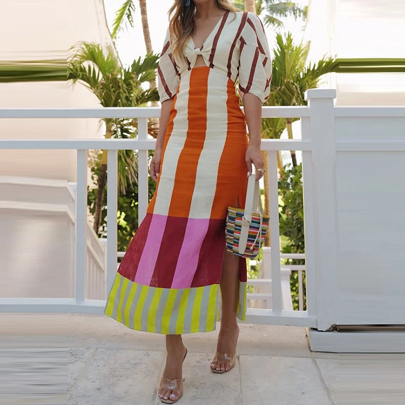 Puff Sleeves High Waist Slim Fit Women's Long Dress Vintage Side Split Holiday Dress Low Cut V Neck Pattern Printed A-line Dress