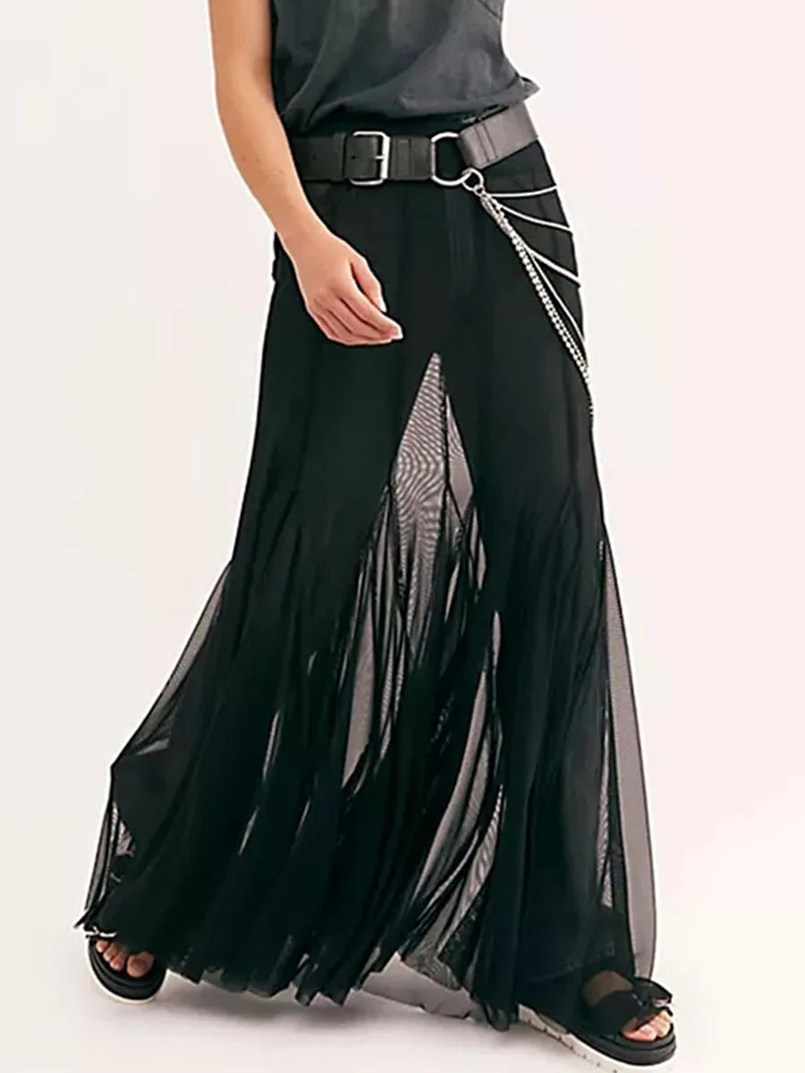 Sexy See Through Sheer Mesh Long Skirts Elastic High Waist Ruffle Hem Flowy Skirts Party A-line Midi Skirts Women Casual Clothes