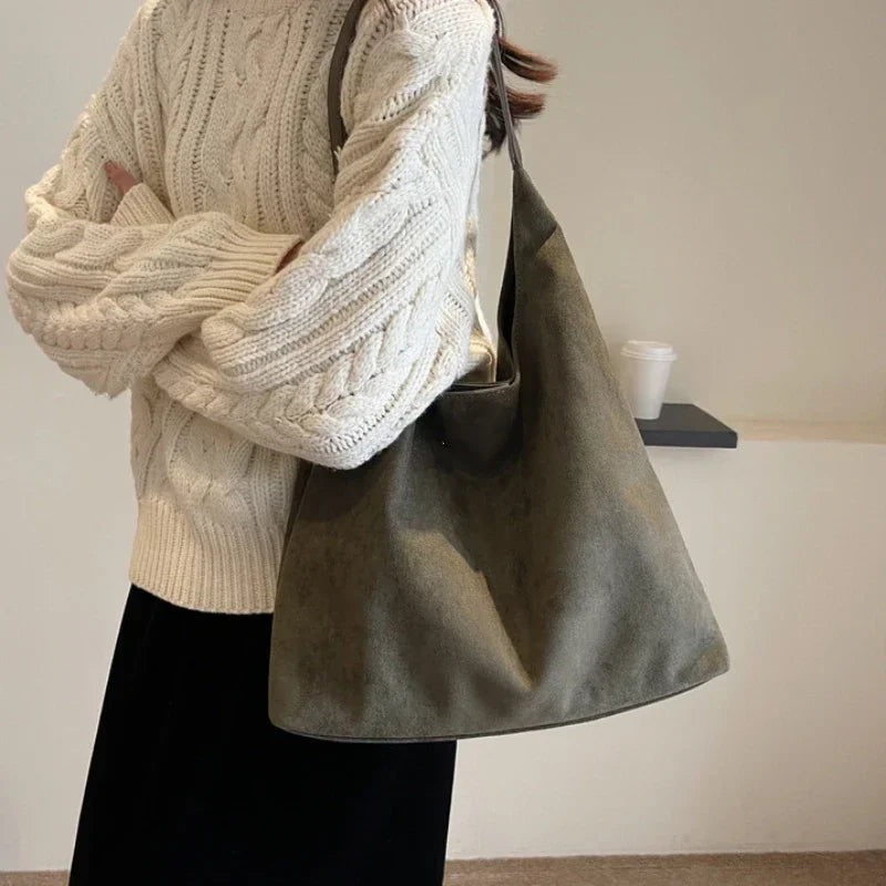 Korean Suede Bucket Bag, Women's Casual Commuting Shoulder Tote Bag, Autumn/Winter 2025 New Underarm Set Bag