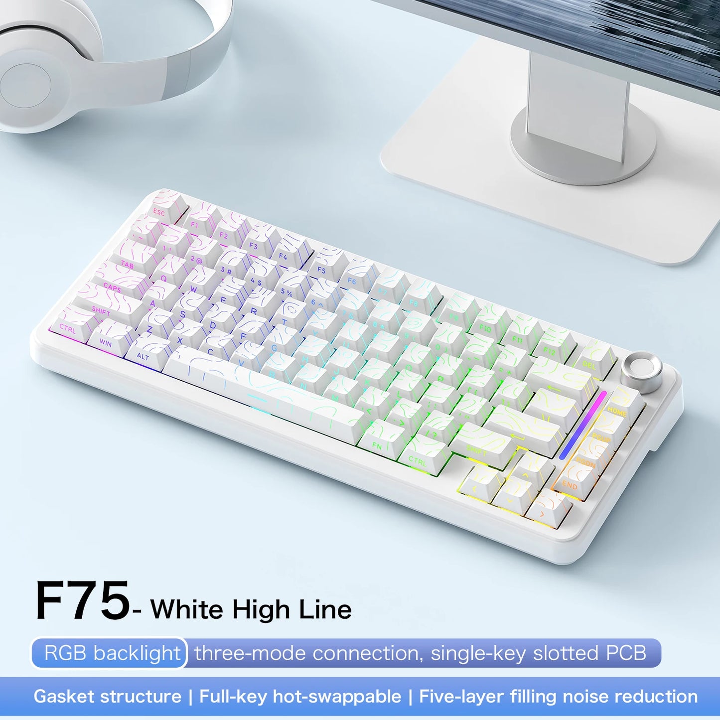 75% Hot Swap Gaming Keyboard Wireless FREEWOL F75 RGB Mechanical Keyboard with Metal Knobs AULA F75 Same Model,Tri-Mode,4000 mAh