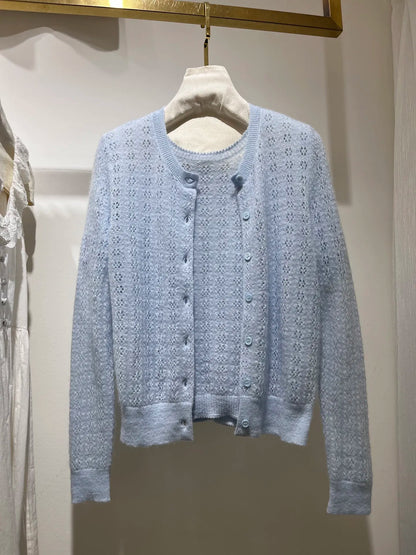 Women Hollow Out Long Sleeve Single Breasted Knitted Cardigan or Round Neck Short Sleeve Pullover