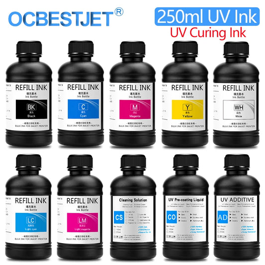 250 ml UV-härtende Tinte für Epson XP600, TX800, XP-600, TX-800, L800, L805, L1800, R290, R300, 1390, 1400, 1410, 1430, DX5, DX7, DX10 UV-Drucker