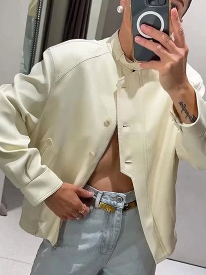 White Lapel Single Breasted Jacket Women Casual Full Sleeve Pocket Short Coats Wide Led Pant Lady Autumn Highstreet Outerwear