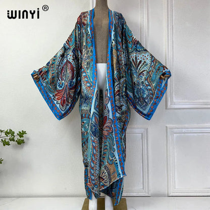 WINYI Classic bohemian beach cover up Swim Suit elegant African women boho Cardigan sexy Holiday long Sleeve Kimono beach dress