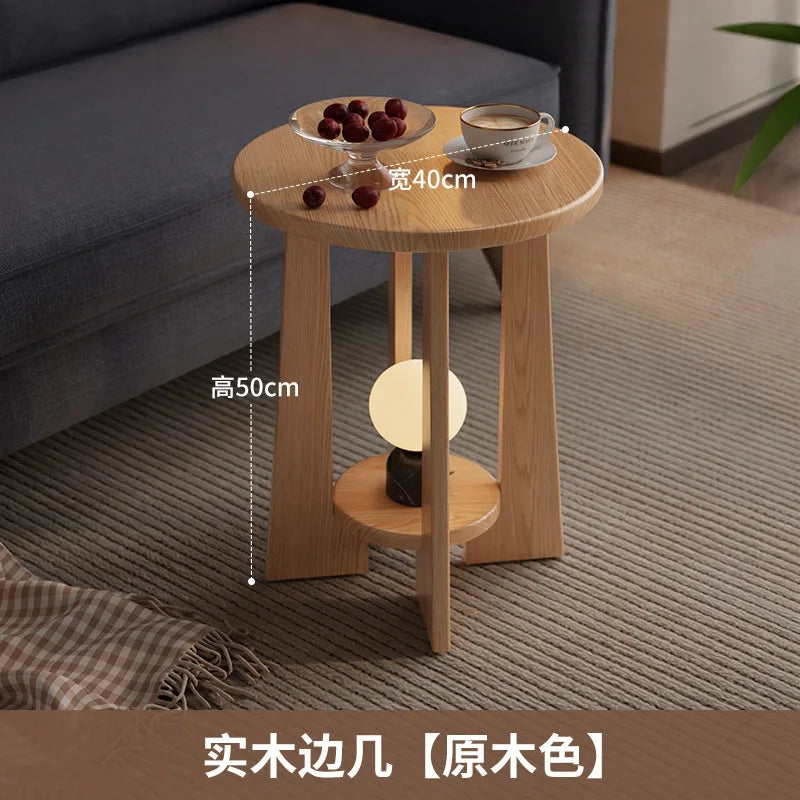 Vintage-style Coffee Table Small Apartments Modern Minimalist Double-layer Round Table Solid Wood Side Tables Living Room Sofa