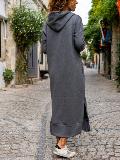 Autumn and Winter Fashion New Women's Warm and Loose Hoodie Dress Commuting Style Casual Hooded V-neck Slit Hoodie Long Skirt