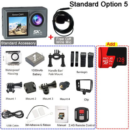 Action Camera 5K 4K60FPS Dual IPS Touch LCD EIS 170° 30M Waterproof 5X Zoom Sport Camera Optional Wireless Mic & Remote Control