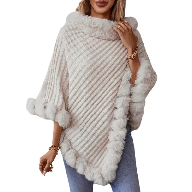 Knitted Cloak Sweater Women Shawl Outwear Warm Hairball Knit Casual Loose Plaid Poncho Cape Coat Spliced Solid Elegant