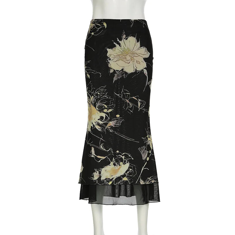 Goth Dark Y2K Aestheics Double Layer Mesh A-line Skirt Women Fashion Florals Print Slim Skirts Fairy Streetwear Gothic Bottoms