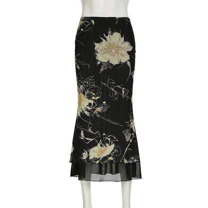 Goth Dark Y2K Aestheics Double Layer Mesh A-line Skirt Women Fashion Florals Print Slim Skirts Fairy Streetwear Gothic Bottoms