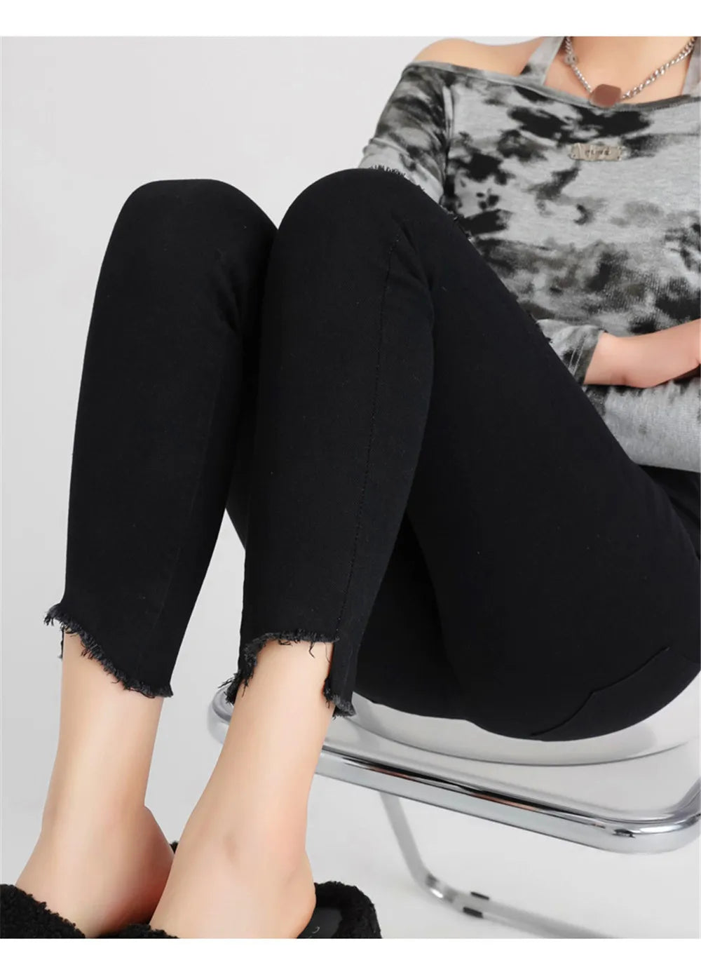 Women Button Fly Jeans Black High Waisted Ripped Jean Stretchy Thicken Denim Dress Pants Distressed Jeans Casual Style ouc046