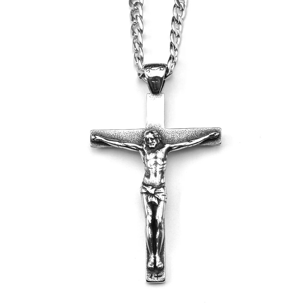 Stainless Steel Christian Jesus Cross Crucifix Pendants Necklaces for Men Women Silver Color Chain Necklaces Jewelry Gift