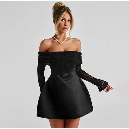 Elegant Lace Dresses Women See Through Long Sleeves Puffy Dresses Female 2024 Fashion Solid Evening Party A Line Robe Lady