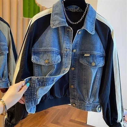 2025 Spring Autumn Short Baseball Jacket Loose Fitting Cowboy Women Outerwear European Fashion Splicing Together Denim Lady Coat