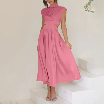 Women's Solid Color Basic Fashion High Waist Hollow Out Sexy Casual Streetwear High Neck Sleeveless Pocket Open Waist Maxi Dress