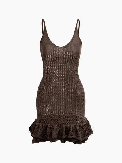 Open Knit Ruffle Hem Cami Mini Dress Crochet Knit Dresses Sleeveless Cover Up Dress Summer Party Female Soild Crochet Dress