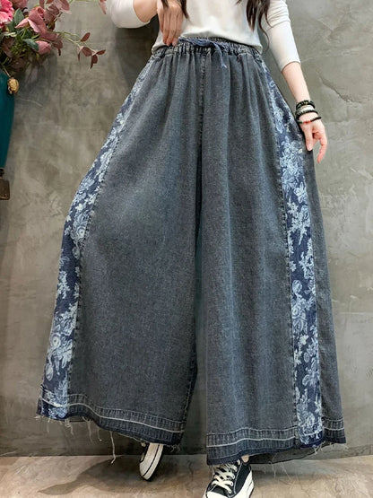 Amax luluE Fashion 2024 Loose Printed Vintage Denim Pants Women Spring Patchwork Jeans Ladies Classic Casual Wide Leg Trousers