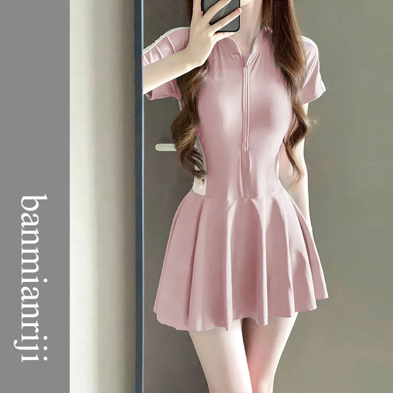 Summer One-piece Solid Color Short Sleeved Shirt Covers the Flesh Women's Clothing Appears Slim Conservative New Style Swimwears