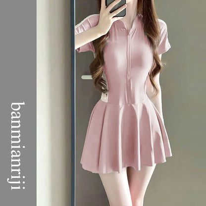 Summer One-piece Solid Color Short Sleeved Shirt Covers the Flesh Women's Clothing Appears Slim Conservative New Style Swimwears