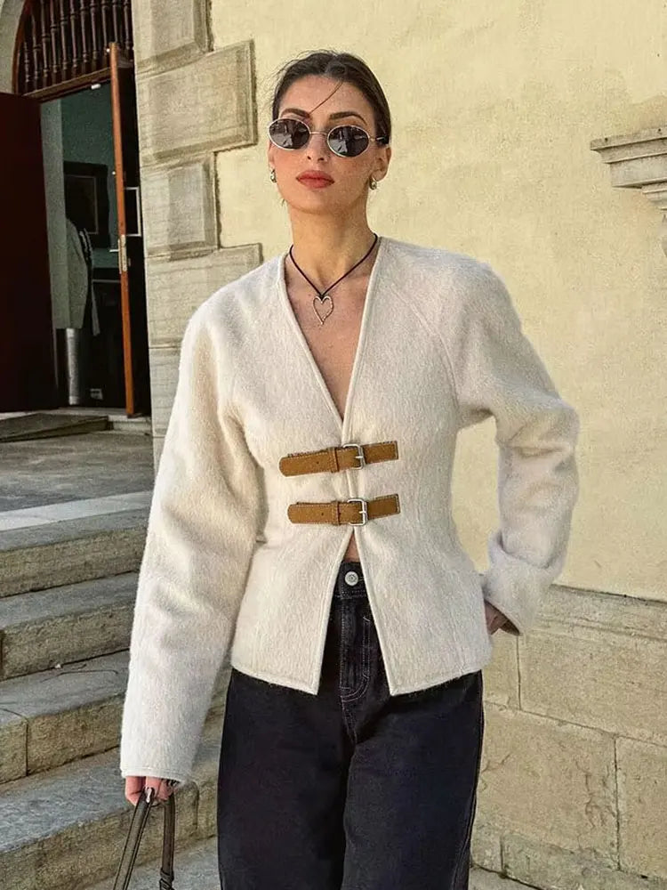 HH 2024Female Autumn Fashion Casual Coats Long Sleeves Belt Decoration Cardigan Solid V-Neck Slim 2-Colors Elegant Retro Top