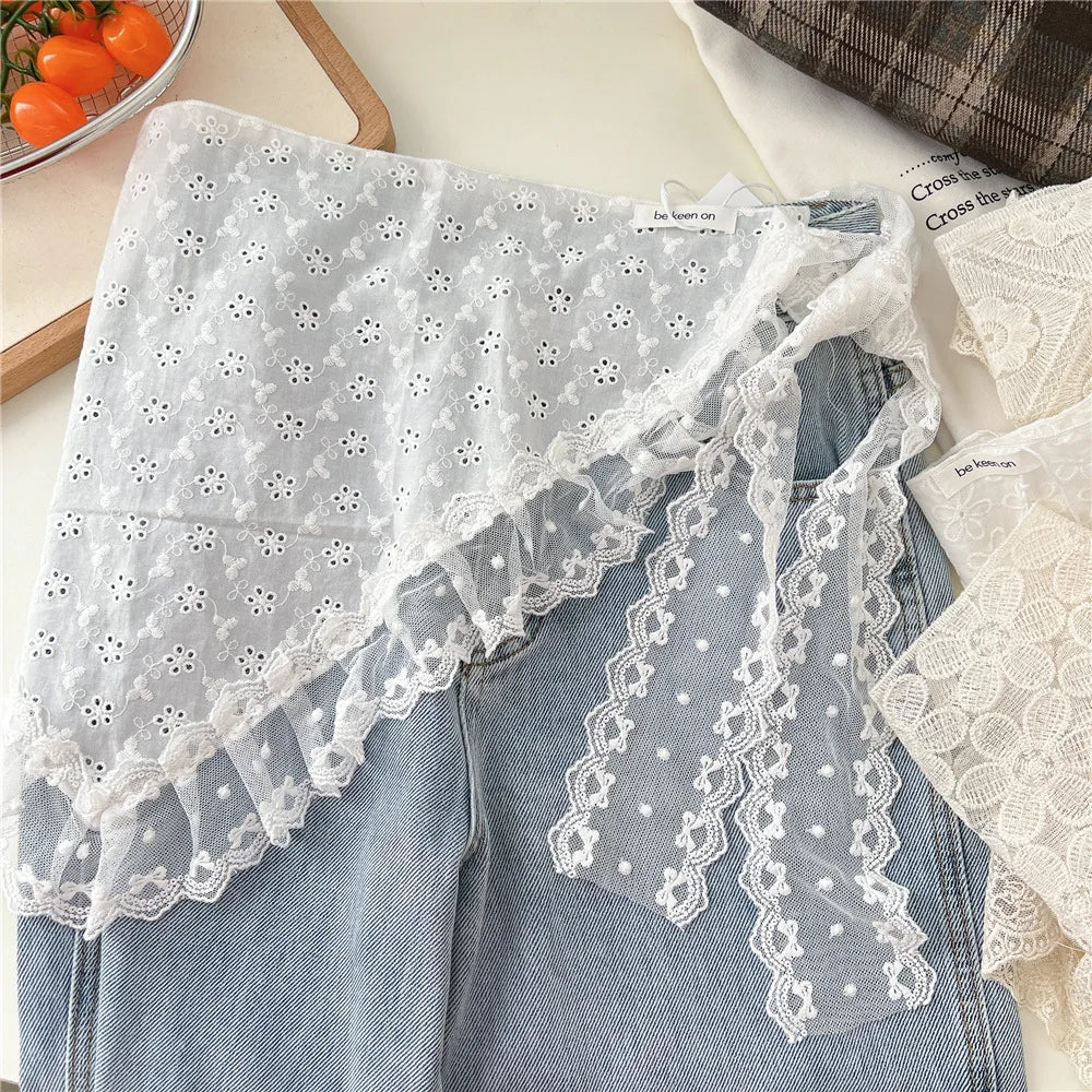 INS Y2K Stylish Lace Embroidery Layered Triangular Types Jeans Pant Matching Half Skirts Fart Curtains All-Match Stacked Skirt