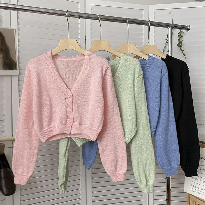 Women Autumn Long Sleeve Sweater Cardigan Sexy V-Neck Button Down Cropped Jacket Sweet Solid Candy Color Loose Knitted Outwear