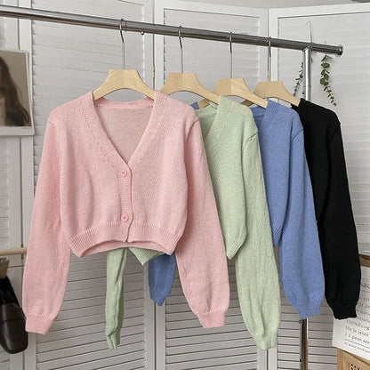 Women Autumn Long Sleeve Sweater Cardigan Sexy V-Neck Button Down Cropped Jacket Sweet Solid Candy Color Loose Knitted Outwear