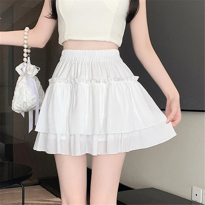 Summer Kawaii Elastic High Waist Black White Ruflles Skirt Women Fashion Slim Fit Chiffon Mini Skirts Giris Y2k All Match Faldas
