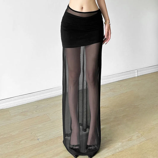 Sylcue Mesh Patchwork Long Skirts Women 2025 New Trend Ruched Elastic Waist Street Fashion Versatile Y2K Style Elegant Bottoms
