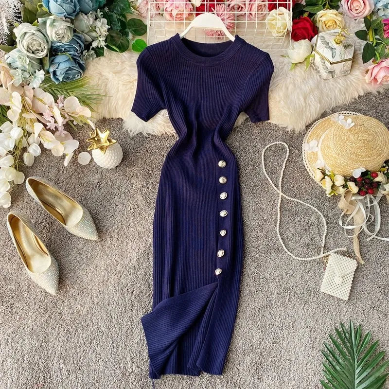 YuooMuoo  Women Dress European and American Fashion Short Sleeve Slimming Side Slit Knitted Mini Dress Streetwear Lady Outfits