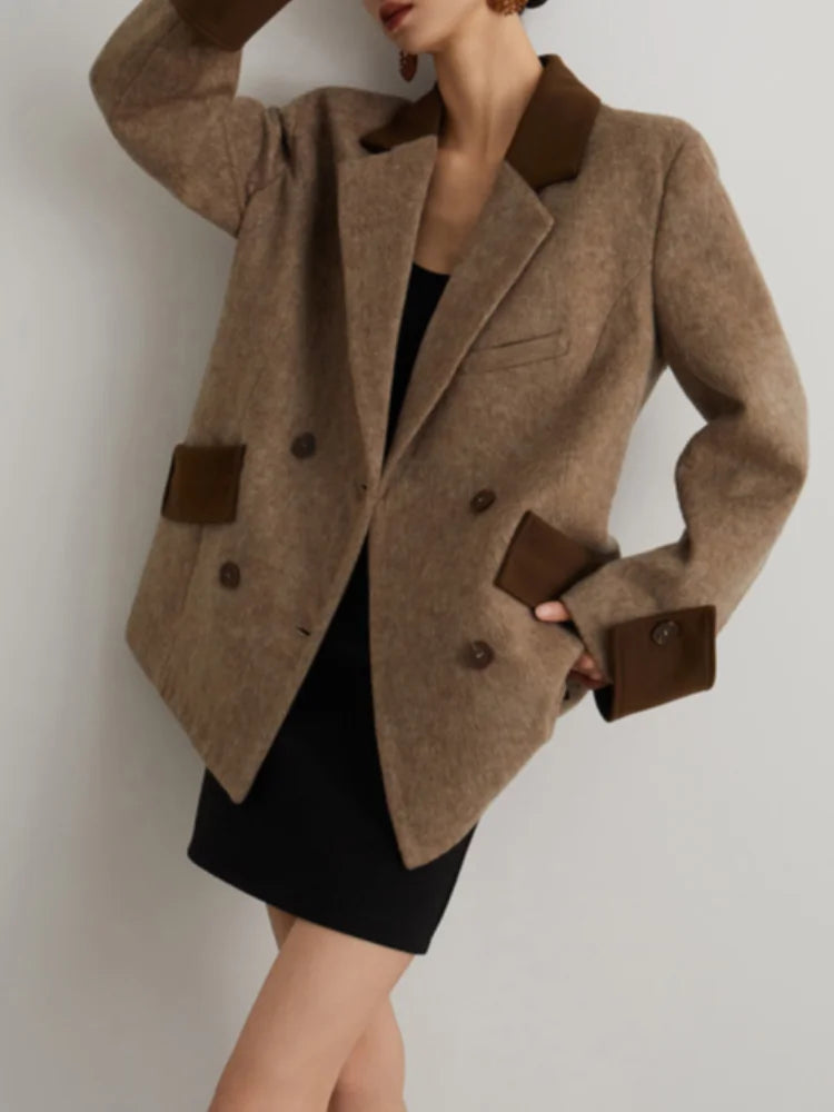 Panelled Patchwork Pockets Woolen Overcoat Women Vintage Turn-down Collar Long Sleeve Double Breasted Coats New Autumn Lady Tops