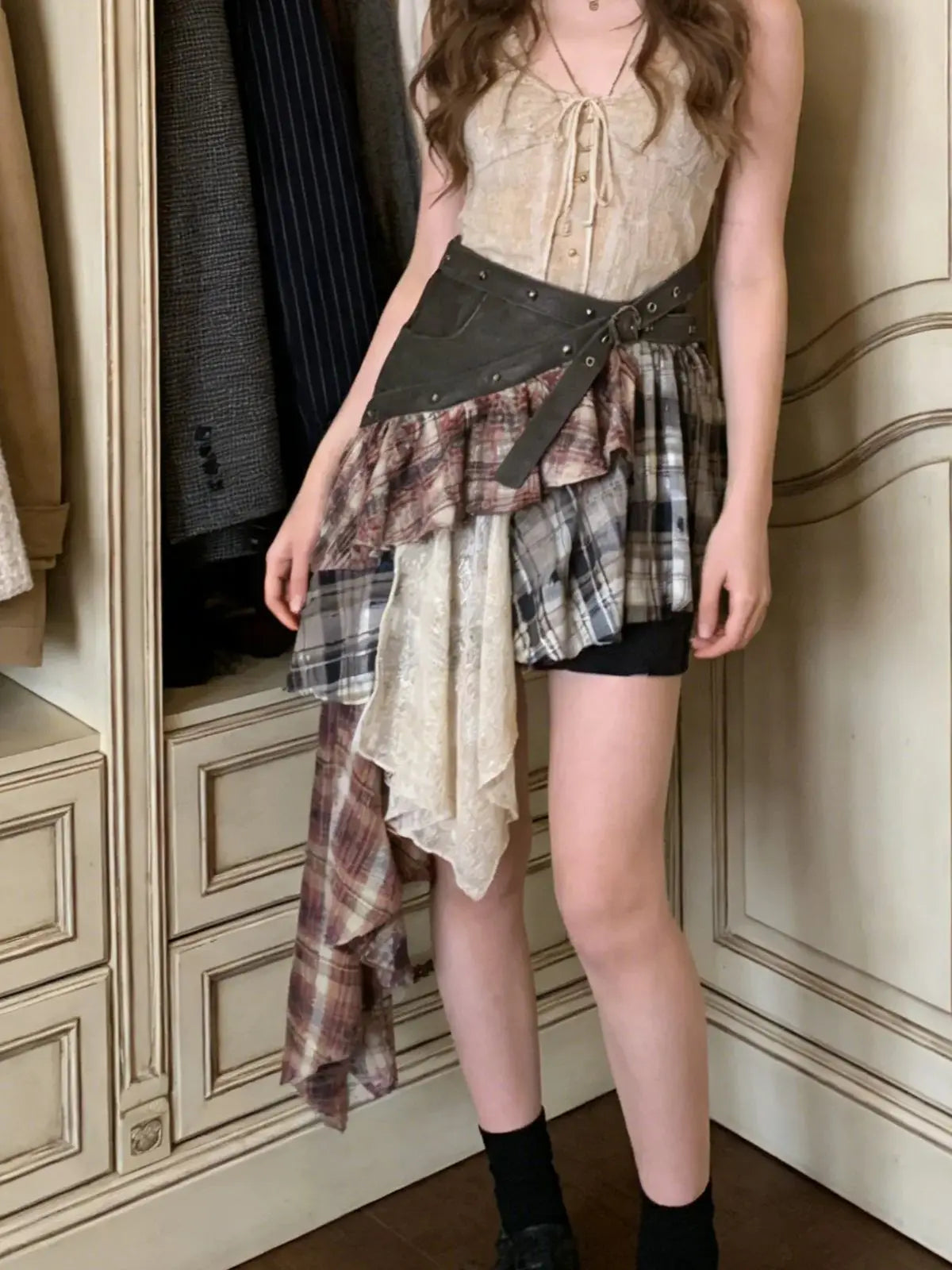 Women's Maillard Grid Splicing Skirt Y2K Irregular Stacked Japanese Harajuku Street Fashion Academy Retro Mini A-line Skirt 2024