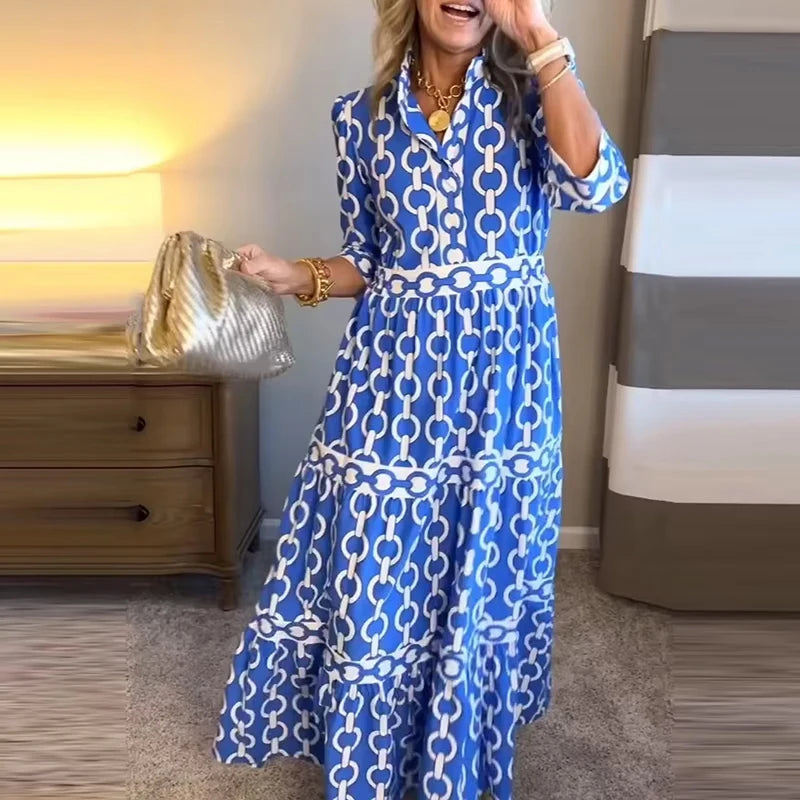 Casual Long Sleeve Pleated Party Dresses Vintage Pattern Print Loose Bohemian Dress Women Elegant V-neck Hight Waist Long Dress