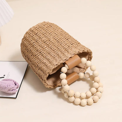 Fashion Wooden Beading Women Handbags Paper Woven Hand Bags Casual Summer Beach Bucket Bag Bali Small Tote Female Purses 2024