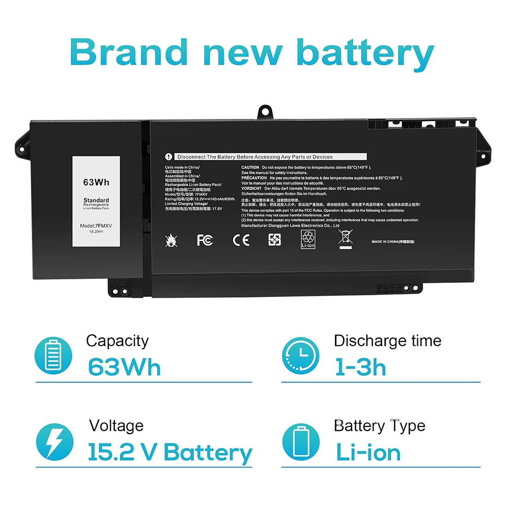 63Wh 7FMXV Laptop Battery for Dell Latitude 5320 7320 7420 7520 P133G P134G P135G P136G P138G P139G P110F 9JM71 4M1JN 1PP63