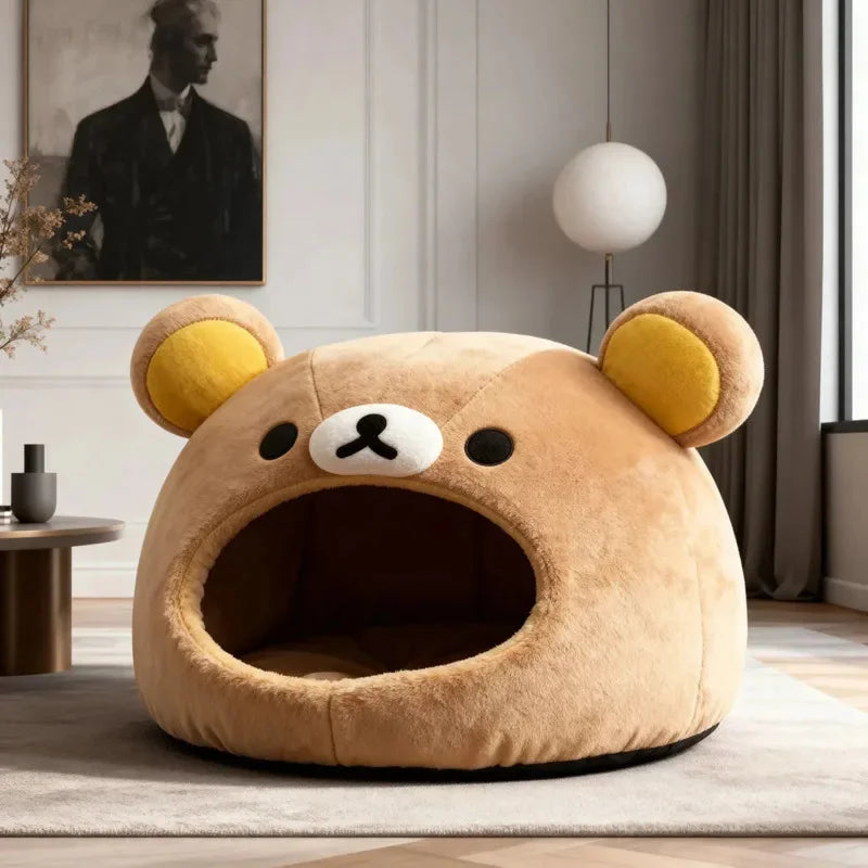 Kawaii Rilakkuma Bear Pet Bed Soft Plush Cave Nest for Cats Puppies Perfect Gift for Pet Owners Kawaii Pet Furniture