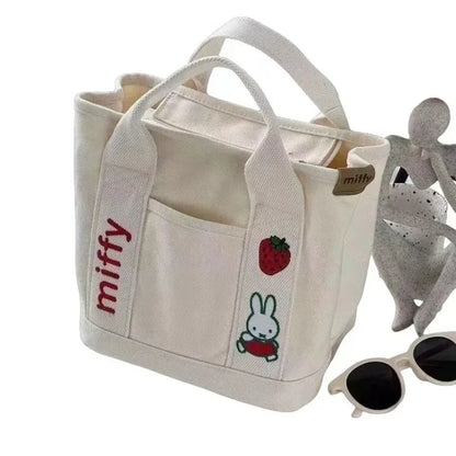 New Anime Kawaii Miffy Embroidery Cute Zipper Bag with Canvas Tote Bag Bento Lunch Box Bag for Friends Christmas Gift