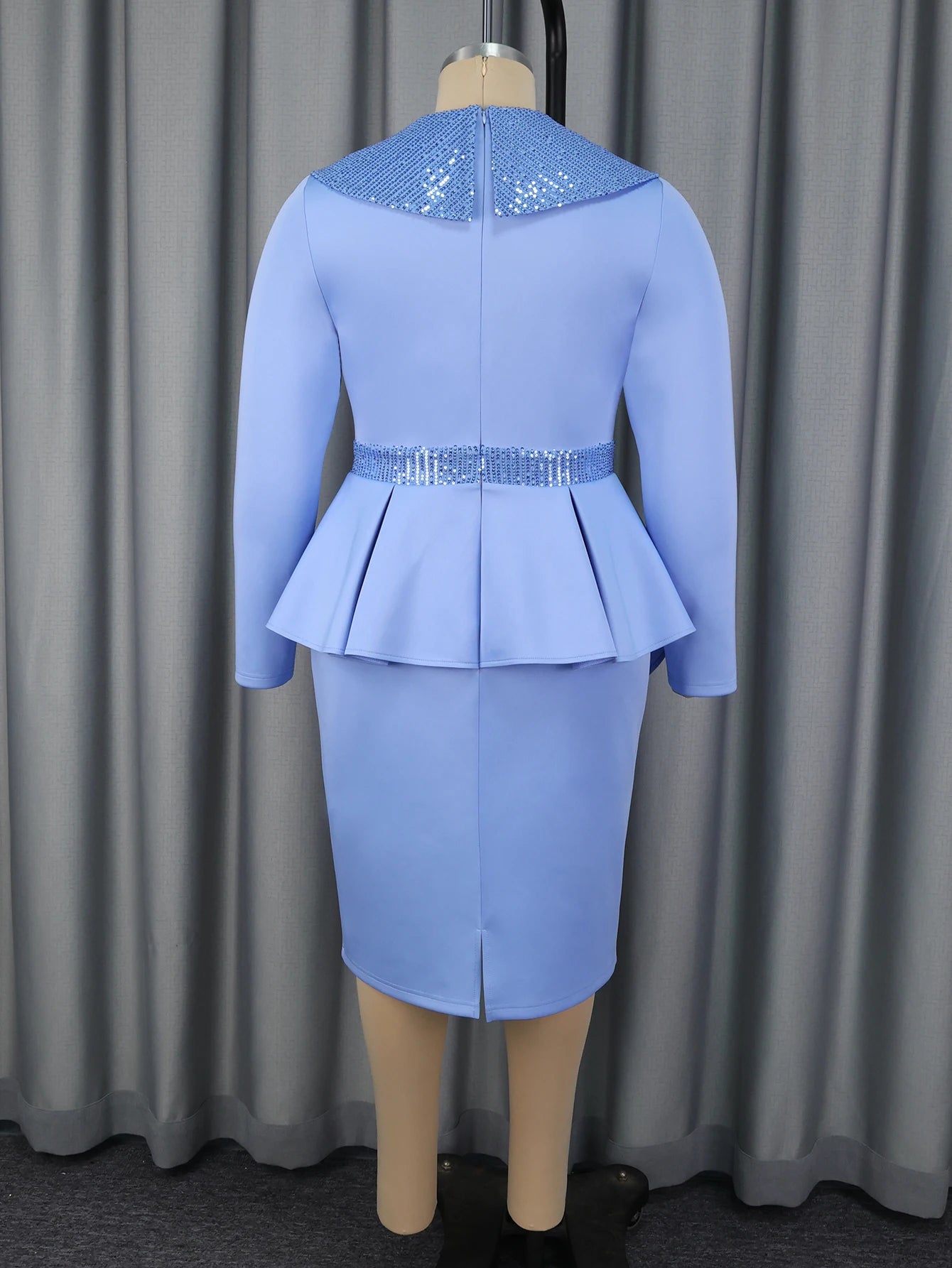 Elegant Women Bodycon Dresses Turn Down Collar Patchwork Sequin Long Sleeve High Waist Peplum Office Ladies Church Party Gowns