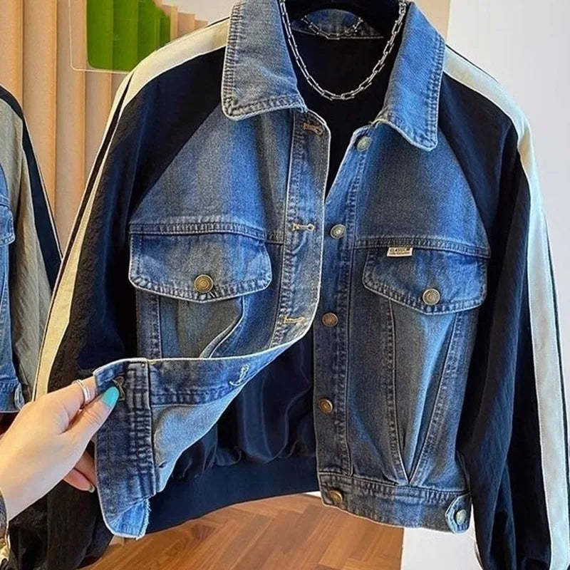 2025 Spring Autumn Short Baseball Jacket Loose Fitting Cowboy Women Outerwear European Fashion Splicing Together Denim Lady Coat