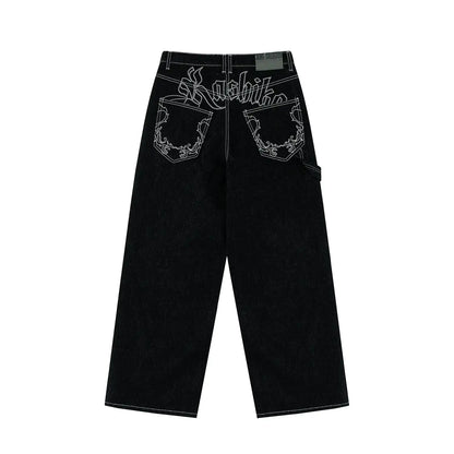 Embroidered Floral Pattern Jeans Female Retro American Fashion Pants Harajuku Casual Relaxed Korean Of Commuter Straight Pants