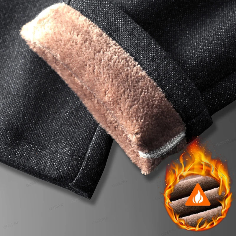 Winter Fleece Warm Brushed Fabric Men's Casual Pants Outdoors Business Thick Cotton Flocking Plush Black Grey Blue Trousers Male