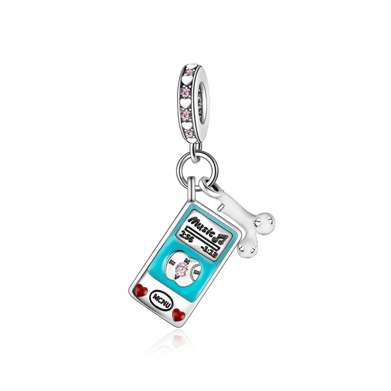 Guitar Microphone Music 925 Sterling Silver Charm Pendant Suitable Fit Original Bracelet Necklace keychain Jewelry Accessories