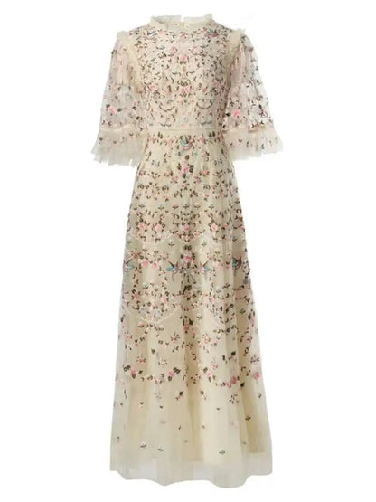 IEQJ Printing Embroidered Fales Design Dresses For Women Round Neck Short Sleeve High Waist Elegant Dress Autumn 2025 3WM1391