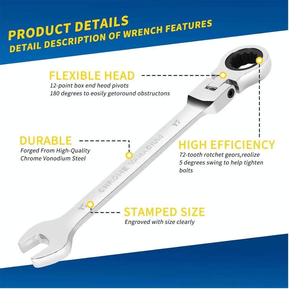 Adjustable Ratchet Wrench 6mm-19mm Quick Repair Hand Tool for Bike Car Mechanical Workshop Key Socket Kit Hand Tool Box