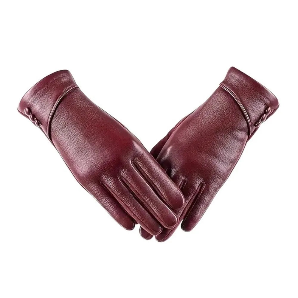 Simple Solid Color Full Finger Mittens Button Thickened Women Leather Gloves Windproof Keep Warm Touch Screen Gloves Outdooor