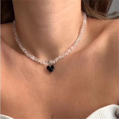 Collier pendentif cœur en zircon et pompons style vintage pour femme, style bohème géométrique baroque, chaîne en cristal transparent