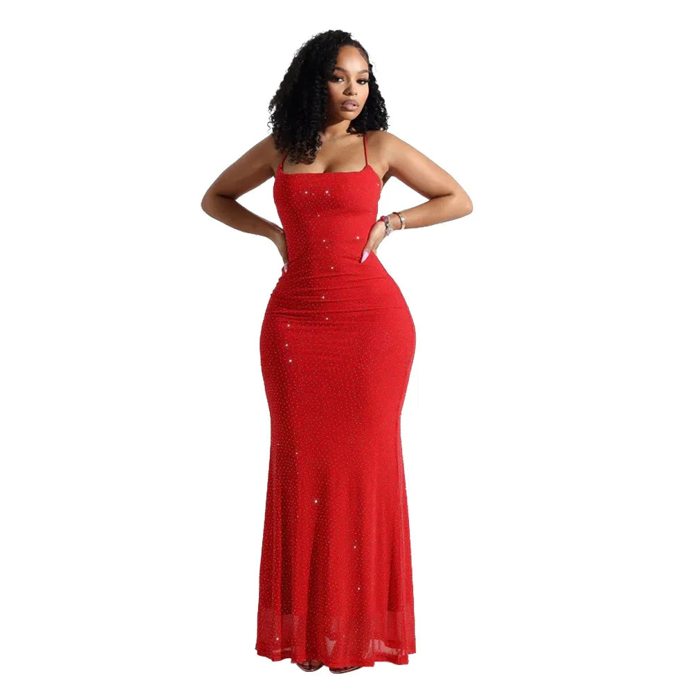 Women Camisole Dress Sheath Party Dresses Ankle Length Vestidos Sleeveless Slim 2025 Diamonds Slight Strech Summer Spliced