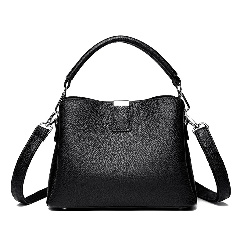 100% cowhide Bag Casual Women Hobos Handbags Bucket Bags New Women's Fashion Handbags Retro Solid Color Leather Shoulder wallet