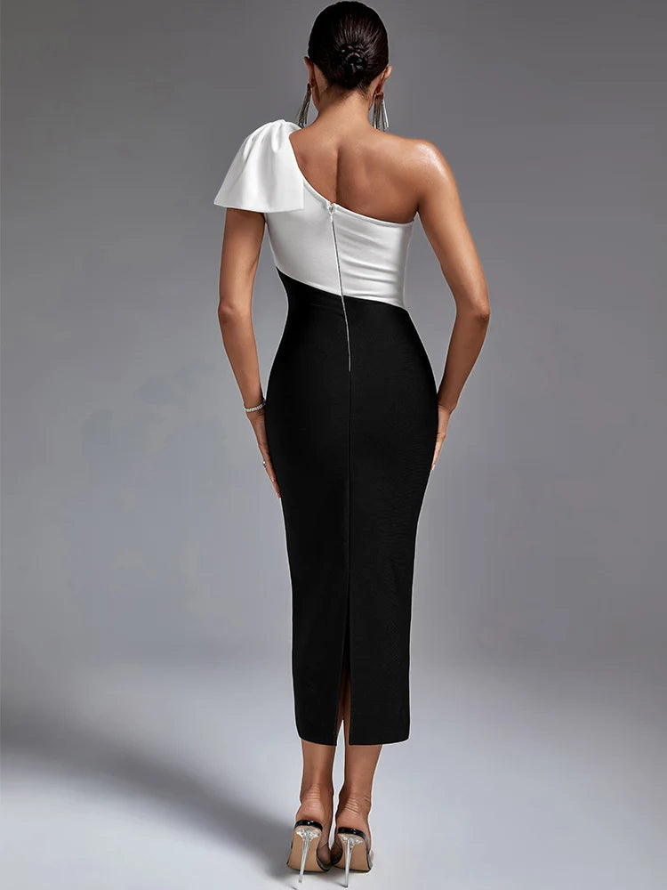 Long Bandage Dress Women One Shoulder Party Dress Maxi Bodycon Elegant Color Block Sexy Birthday Evening Club Outfit Summer 2023