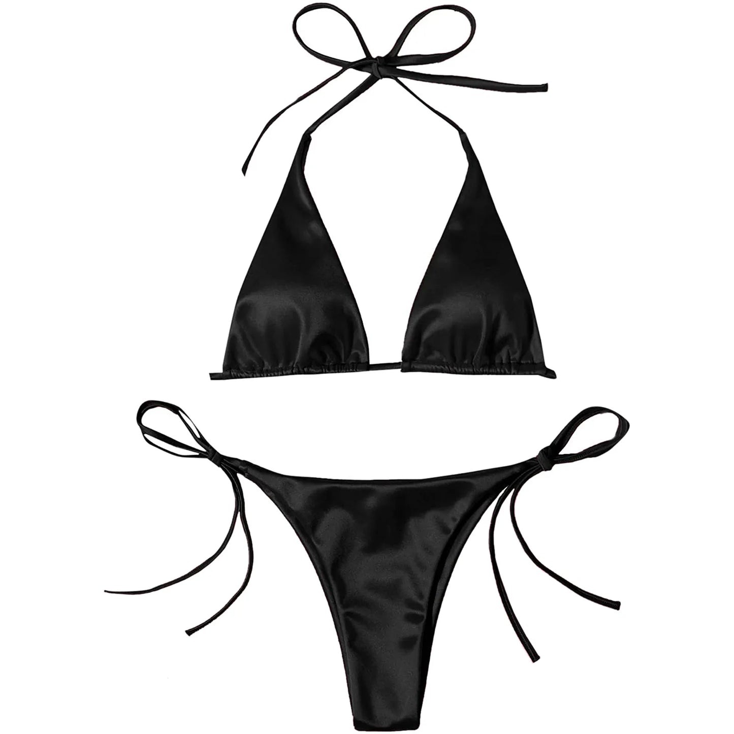 Brazilian Bikini Set Women Halter Neck Triangle Cup Swimwear Low Waist Satin Bandage Bikini Swimwear Summer Beach Bathing Suit